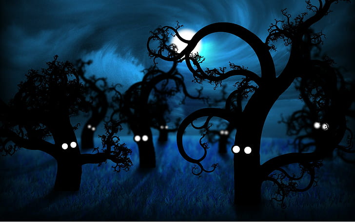 Forest Midnight, illustration of trees with eyes, forest, midnight, creative and graphics, HD wallpaper