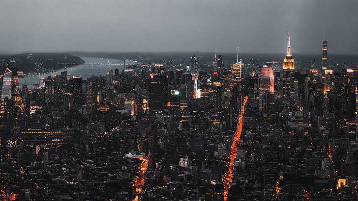 مباني المدينة ، التصوير الجوي للمدينة ، المدينة ، الأضواء ، المبنى ، مدينة نيويورك ، مبنى إمباير ستيت ، مانهاتن، خلفية HD