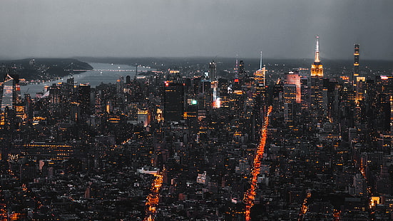 مباني المدينة ، التصوير الجوي للمدينة ، المدينة ، الأضواء ، المبنى ، مدينة نيويورك ، مبنى إمباير ستيت ، مانهاتن، خلفية HD HD wallpaper