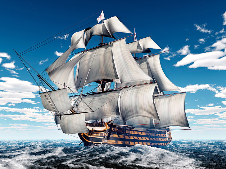 kapal galleon putih dan coklat, laut, gelombang, langit, awan, kapal, perahu layar, layar, tiang kapal, Grafik 3D, Wallpaper HD