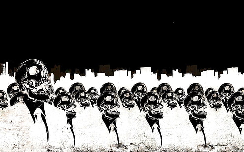 Scheletro umano in abito bianco illustrazione, opere d'arte, teschio, nero, bianco, morte, minimalismo, abiti, Alex Cherry, invertito, monocromatico, Sfondo HD HD wallpaper