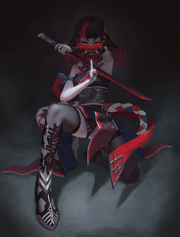 ninja girl, oni mask, sword, red eyes, artwork, minimalism, HD wallpaper
