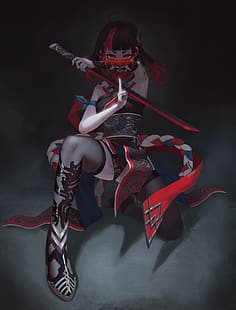  ninja girl, oni mask, sword, red eyes, artwork, minimalism, HD wallpaper HD wallpaper