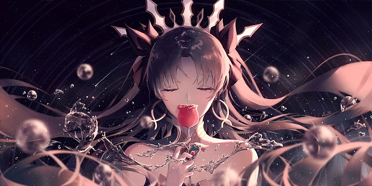 kobieta trzymająca różę ilustracja, anime, dziewczyny anime, Fate / Grand Order, Ishtar (Fate / Grand Order), róża, woda, korona, zamknięte oczy, długie włosy, bąbelki, Seria Fate, Tapety HD