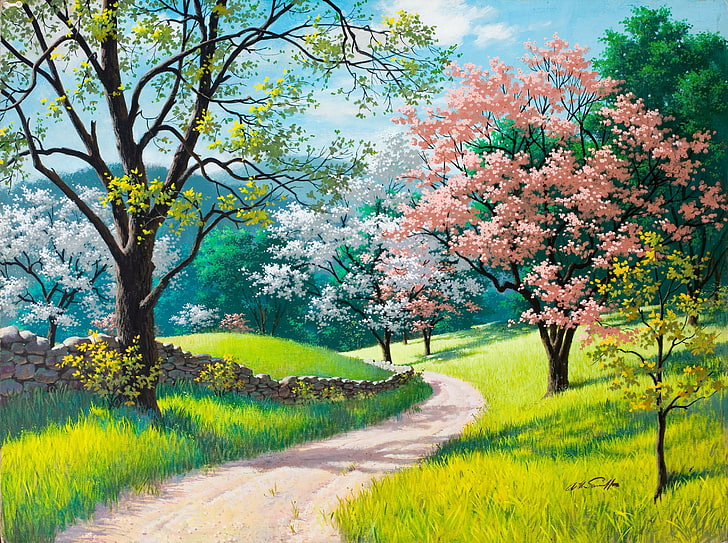 peinture, route, herbe verte, printemps, peinture, Arthur Saron Sarnoff, barrière de pierre, Spring Blossoms, arbres en fleurs, Fond d'écran HD