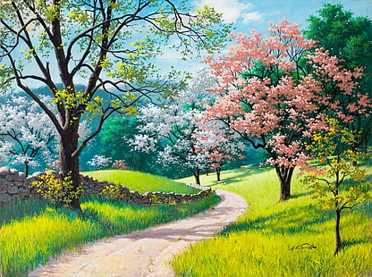 różowo-zielone drzewa liściaste malowanie, droga, zielona trawa, wiosna, malarstwo, Arthur Saron Sarnoff, kamienne ogrodzenie, wiosenne kwiaty, kwitnące drzewa, Tapety HD HD wallpaper