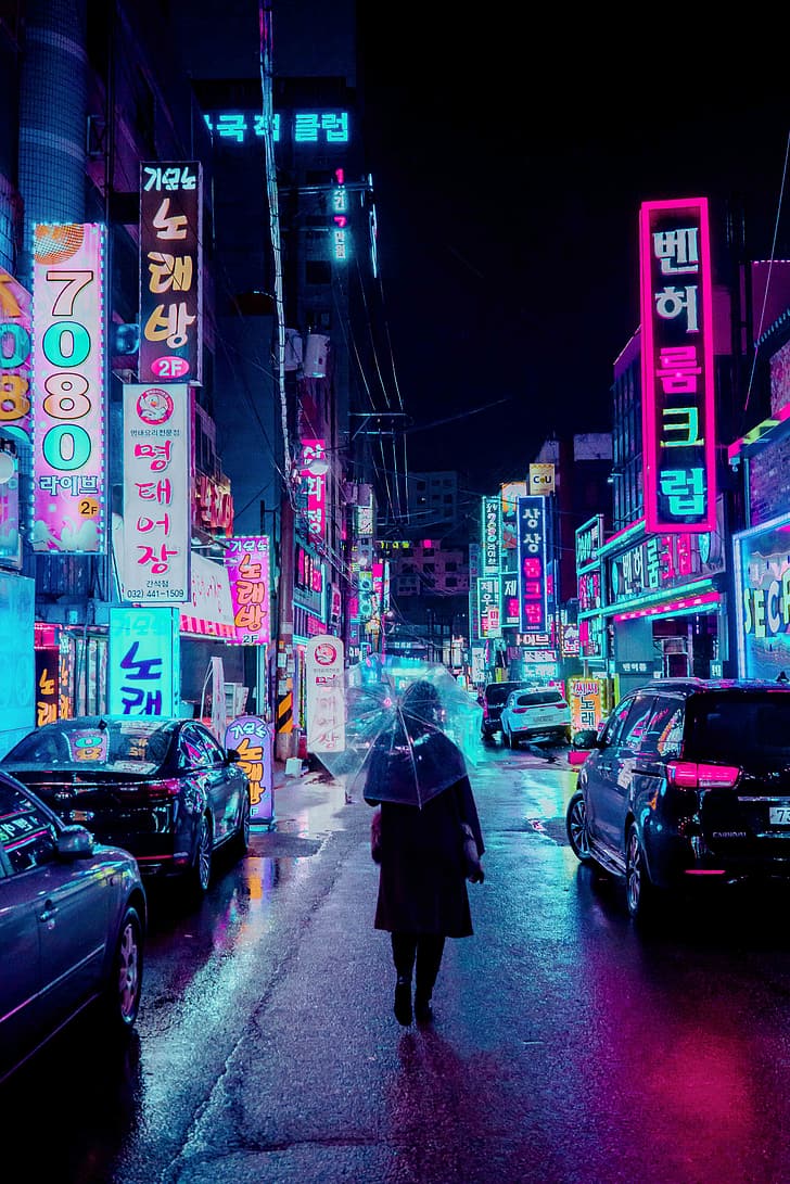 ночь, город, зонт, корейский, неон, HD обои, телефон обои