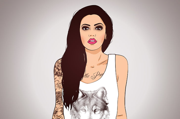 woman illustration, wolf, Mike, lips, tattoo, smoky eyes, HD wallpaper