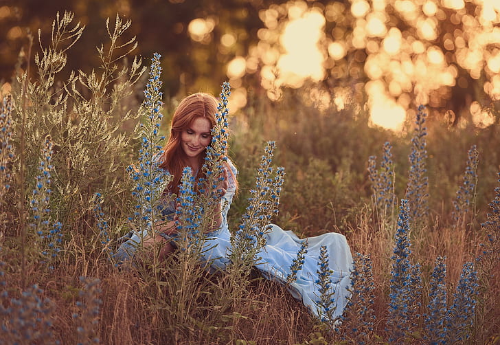 grass, girl, flowers, smile, mood, meadow, freckles, red, redhead, HD wallpaper