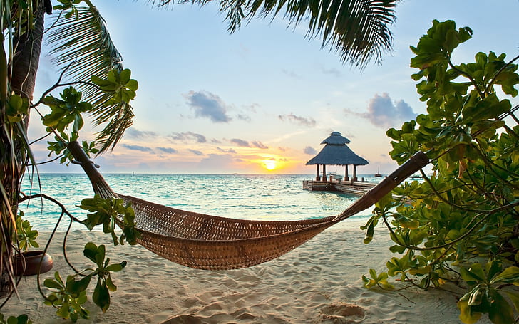 Maldives Tropical Sunsets Sea Sand Beach วันหยุดปาล์มธรรมชาติวอลล์เปเปอร์สำหรับเดสก์ท็อปและโทรศัพท์มือถือ 3840 × 2400, วอลล์เปเปอร์ HD