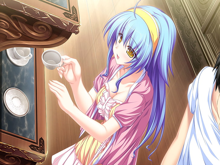 blue-haired female anime character wallpaper, tenmaso, suzukaze no melt, hiiragi tsukino, girl, cup, coffee maker, HD wallpaper