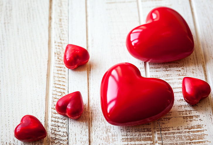 six red heart-shaped ornaments, heart, hearts, love, romantic, HD wallpaper