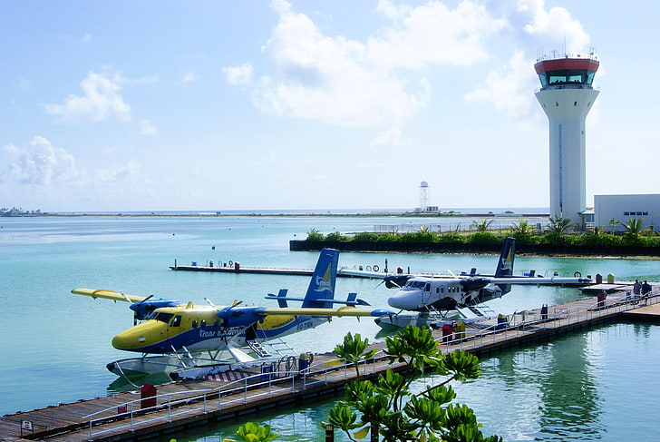 طائرة ، مطار ، جزر المالديف ، طائرة مائية ، طائرة عائمة ، عبر جزر المالديف ، الكفاءة ، برج المراقبة، خلفية HD