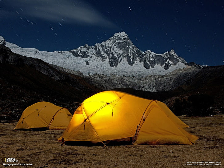 خيمة صفراء ، تخييم ، جبال ، تعرض طويل ، خيمة ، طبيعة، خلفية HD