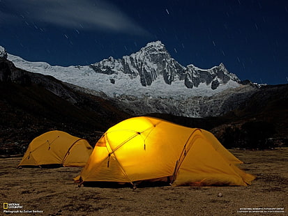 gult tält, camping, berg, lång exponering, tält, natur, HD tapet HD wallpaper