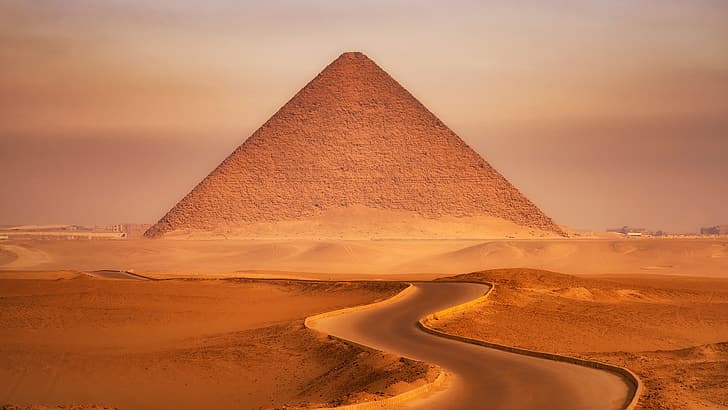 nature, landscape, pyramid, sand, desert, clouds, dunes, road, Cairo, Egypt, HD wallpaper