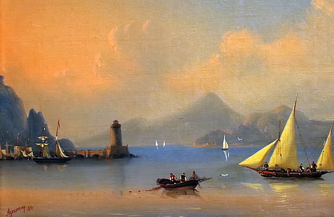 painting of sail boats, mountains, boat, lighthouse, sailboat, Italy, calm, painting, Aivazovsky Ivan, painting painting, sea - sea, HD wallpaper HD wallpaper
