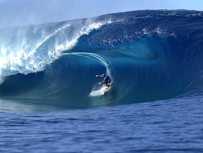 fato de banho azul masculino, surf, surfistas, homens, mar, ondas, natureza, água, esporte, HD papel de parede HD wallpaper