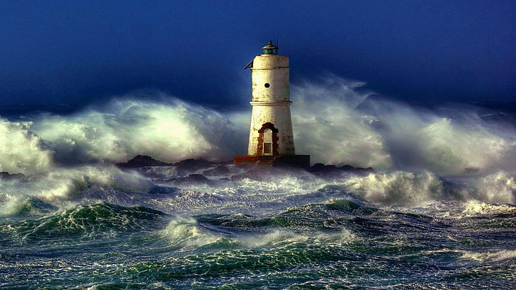 океан, шторм, одинокий, маяк, волна, природа, HD обои