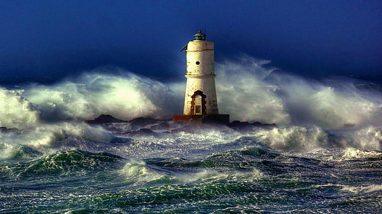 океан, шторм, одинокий, маяк, волна, природа, HD обои HD wallpaper