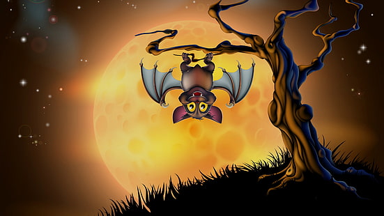 иллюстрация, графика, летучая мышь, вампир, хэллоуин, полная луна, луна, HD обои HD wallpaper