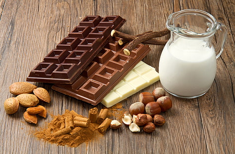 шоколадови блокчета, шоколад, ядки, мляко, HD тапет HD wallpaper