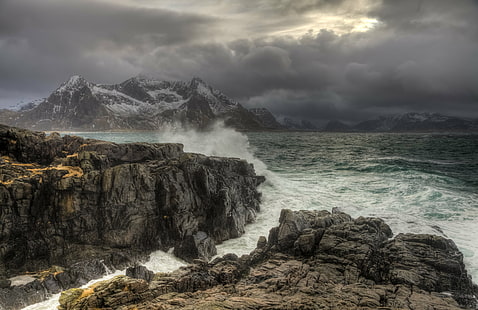 splashed of water waves at the cliff, Wild Coast, water waves, cliff, sea  coast, coastline, landscape, ocean, atlantic, clouds, storm, seascape, wild, wilderness, waves, mountains, snow, ice, green, outdoors, scenic, beauty, nature, natur, Norway, Norge, Lofoten  islands, Europe, canon 5D, eos, Norwegen, flakstadoya, explore, mer, travel, scandinavia, color, colour, winter, march, HDR, Nordland, epic, arctic  chill, cold, dramatic, light, rugged, North Atlantic, stormy, rock, vikten, drama, sea, rock - Object, scenics, water, mountain, cloud - Sky, HD wallpaper HD wallpaper