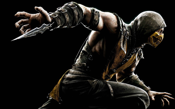 Mortal Kombat Scorpion ilustracja, Scorpion (postać), Mortal Kombat, Mortal Kombat X, gry wideo, włócznia, Tapety HD