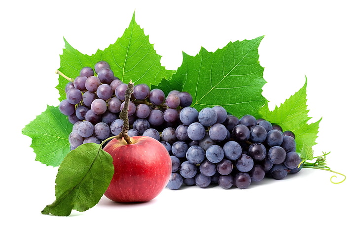 виноград и круглый красный фрукт, виноград, яблоко, фрукты, HD обои