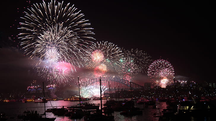 sydney, australia, fireworks, night, event, festival, new year, public event, explosive material, pyrotechnics, boat, ships, bridge, sydney harbor bridge, HD wallpaper