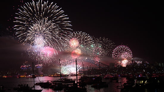 sydney, australia, fireworks, night, event, festival, new year, public event, explosive material, pyrotechnics, boat, ships, bridge, sydney harbor bridge, HD wallpaper HD wallpaper