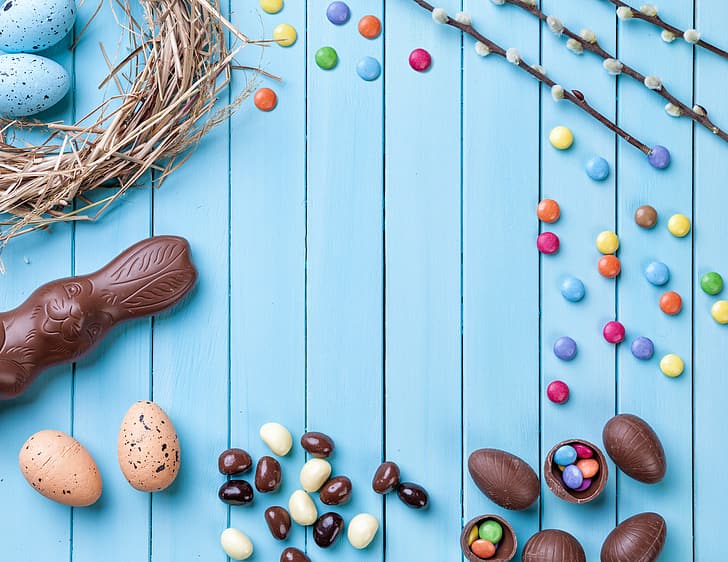 chocolate, huevos, colorido, conejo, caramelo, Pascua, madera, Verba, primavera, conejito, decoración, Feliz, Fondo de pantalla HD