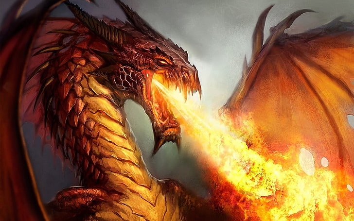 Ilustración del dragón marrón, arte de fantasía, dragón, fuego, ilustraciones, escalas, Fondo de pantalla HD