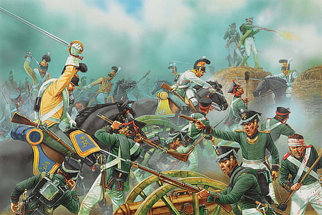 soldiers on war painting, attack, war, art, soldiers, the battle, Russian, Domestic, 1812., Borodino, redoubt, the largest, cavalry, battle., French, HD wallpaper HD wallpaper