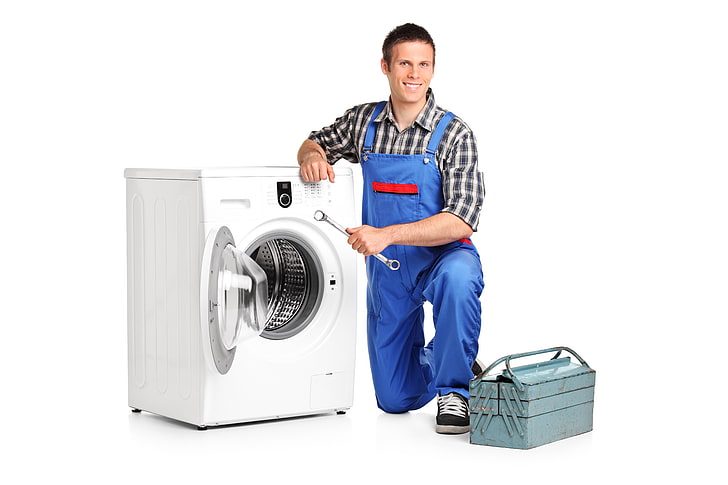 lavadora de roupas com carregamento frontal branco, mestre, chave, reparo, máquina de lavar roupa, sorriso, HD papel de parede