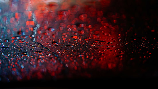 okno, woda, czerwony, światła, fotografia, krople wody, bokeh, woda na szkle, ciemność, Tapety HD HD wallpaper