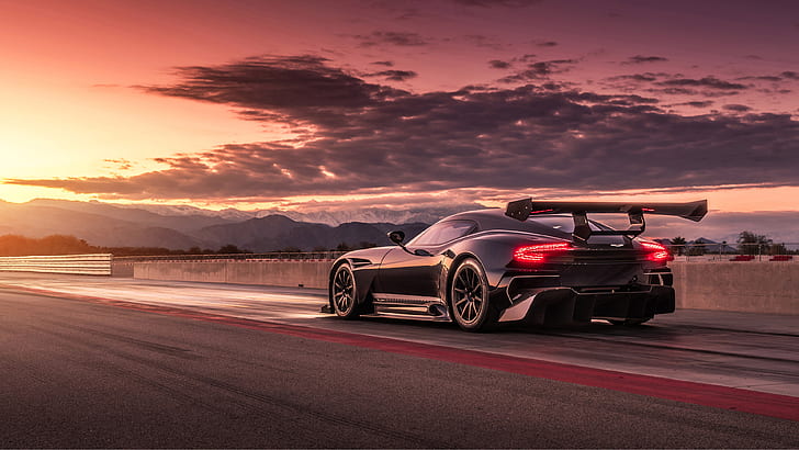 Aston Martin Vulcan, coche, supercoches, puesta de sol, nubes, pistas de carreras, vehículo, Fondo de pantalla HD