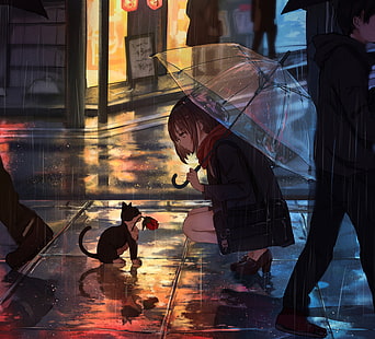 Anime, oryginał, kot, kwiat, dziewczyna, kotek, deszcz, parasol, Tapety HD HD wallpaper