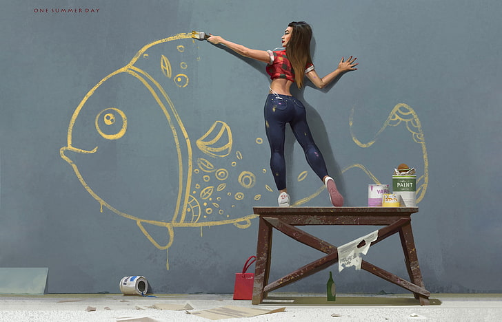 artwork, women, fish, paintbrushes, HD wallpaper