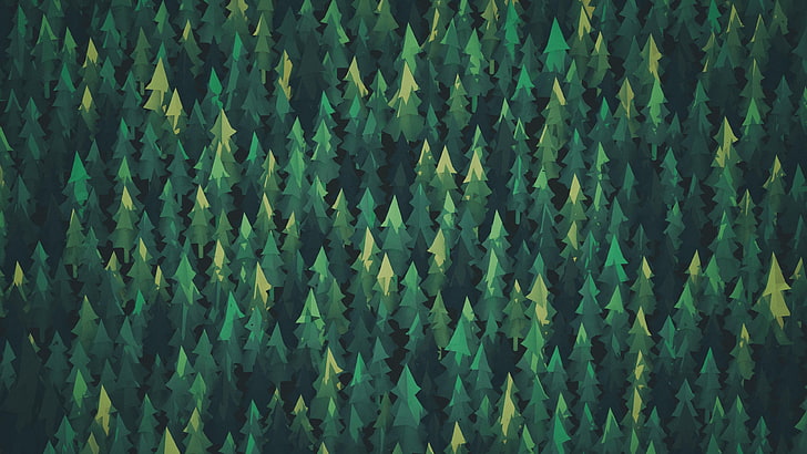 зелени и черни борови дървета илюстрация, зелена илюстрация дърво партида, дървета, цифрово изкуство, геометрия, гора, зелено, природа, лято, HD тапет