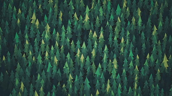 зелени и черни борови дървета илюстрация, зелена илюстрация дърво партида, дървета, цифрово изкуство, геометрия, гора, зелено, природа, лято, HD тапет HD wallpaper