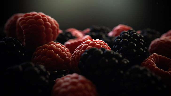 червени и черни плодове, плодове, малина, HD тапет