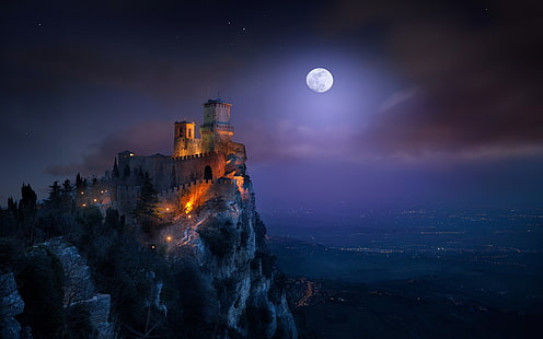 white castle, nature, landscape, Moon, castle, cityscape, moonlight, starry night, lights, San Marino, HD wallpaper HD wallpaper