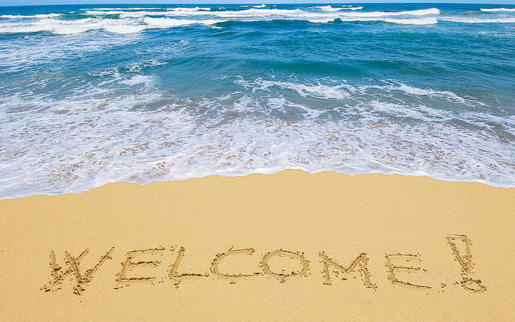 Bem-vindo na praia, bem-vindo texto de areia, praia, natureza, bem-vindo, HD papel de parede