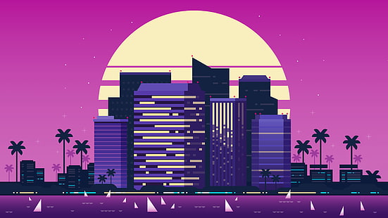 cityscape, purple background, palm trees, shore, Retrowave, Retro style, futuristic, HD wallpaper HD wallpaper