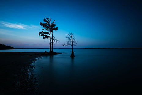 krajobraz, jezioro, błękit, noc, drzewa, cisza, spokojne wody, niebo, Tapety HD HD wallpaper