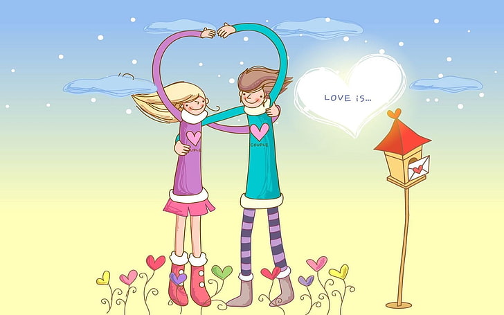 illustration fille et garçon, couple, danse, coeur, amour, Fond d'écran HD