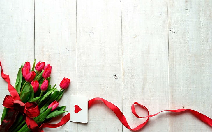Flowers Tulips Ribbon Heart Love, flowers, tulips, ribbon, heart, love, HD wallpaper
