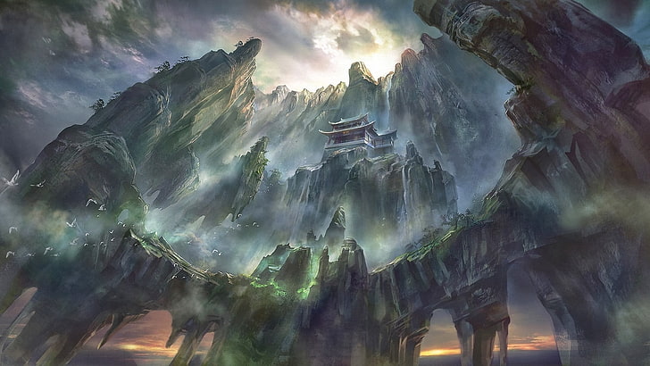 Ilustración del templo gris, obras de arte, arte de fantasía, pagoda, arquitectura asiática, montañas, cascada, arte digital, formación rocosa, Fondo de pantalla HD