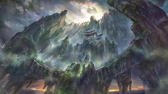 ilustracja szarej świątyni, grafika, sztuka fantasy, pagoda, architektura azjatycka, góry, wodospad, sztuka cyfrowa, formacja skalna, Tapety HD HD wallpaper